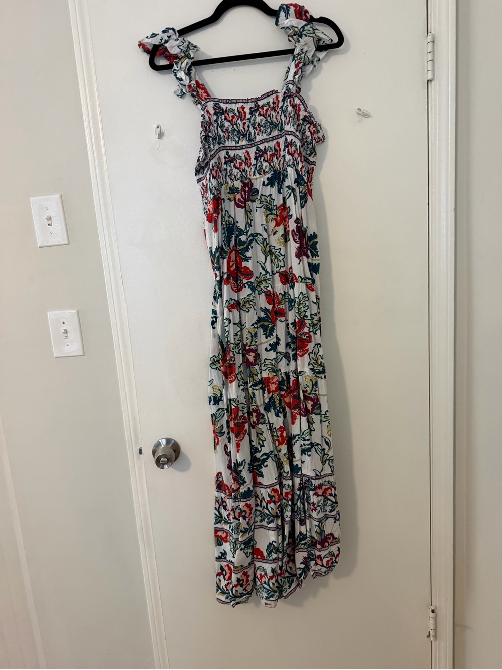 Floral Smocked Maxi Dress in White with Red & Green Print